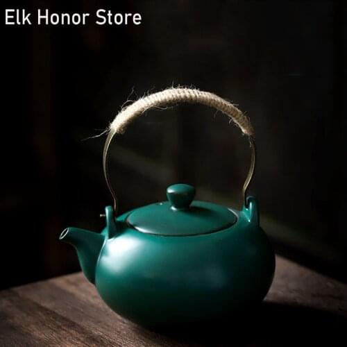 550ml Blackish Green Teapot Hemp Rope Loop-handled Kung Fu Flower Tea Teapot Kettle Household Teaware Home Decoration Accessorie
