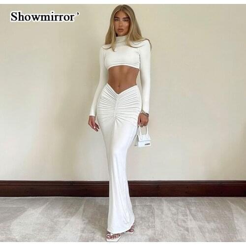 Showmirror Elegant White Long Sleeve 2 Piece Set Outfits for Women Club Party Top and Dress Sets Long Ruched Matching Sets