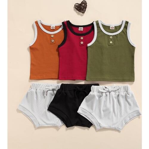 2Pcs Little Girls Boys Outfit, Summer Toddlers Creative Color Matching Round Collar Sleeveless Vest + Solid Color Shorts Set