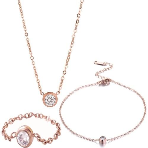 316L Stainless Steel Single Crystal Zircon Ring Bracelet Necklace Set Ladies Colorless Jewelry Set