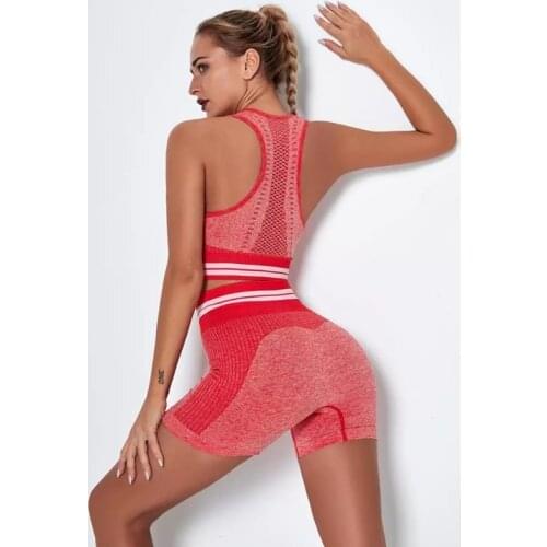 Women Seamless Knitting Sports Bra & High Waist Fitness Gym Shorts 2pcs Yoga Set Running Workout Quick Dry Stripe Sports Suits