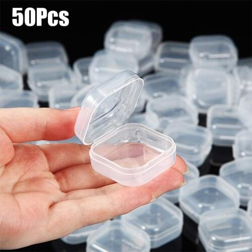 50Pcs Mini Square Boxes Transparent Plastic Jewelry Storage Case Finishing Container Packaging Storage Box for Earrings Rings