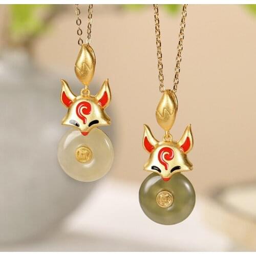 S925 sterling silver cloisonne enamel gold plated Hetian jade gray jade pendant vintage fox lady pendant