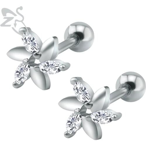Crystal Flower Shape Cute Ear Studs Piercings Silver Color Stainless Steel Cartilage Ear Earrings Boucle D'oreille Women Jewelry