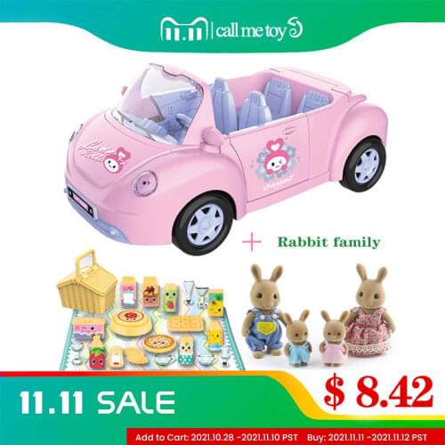 Pink Car Model Dollhouse Furniture Anime Figure Little Girl Forest Rabbit Family Doll Simulation Play House Toy Child Xmas Gifts