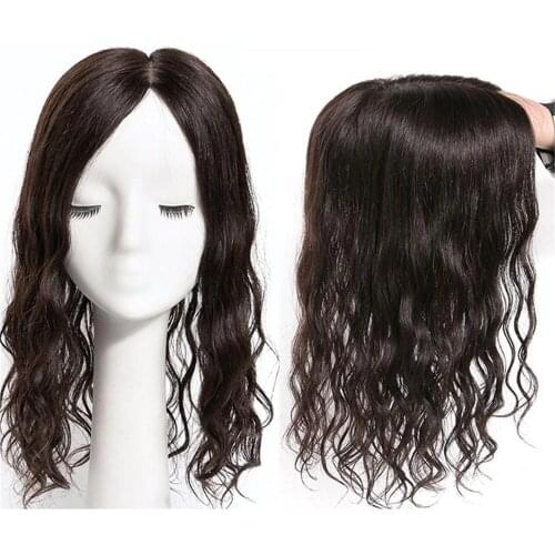 BYMC 13*14cm Mono base +PU Replacement System Human Hair Toupee For Women Loose Wave with Clips Cover White Hair