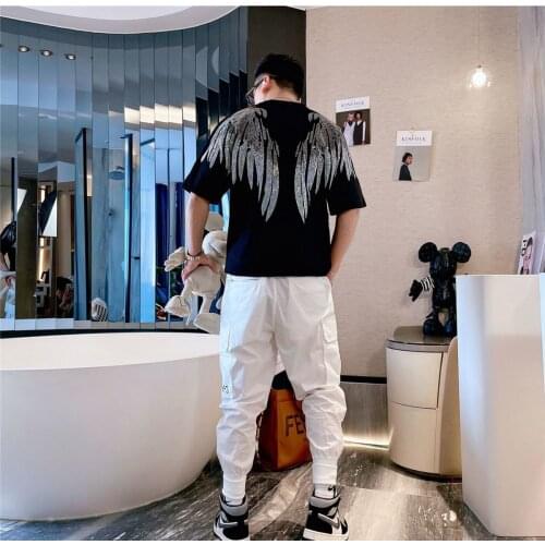 England Style Fancy Loose T shirt Man Diamond Print Short Sleeve T-shirt Mens fashion Summer Rhinestone t shirt