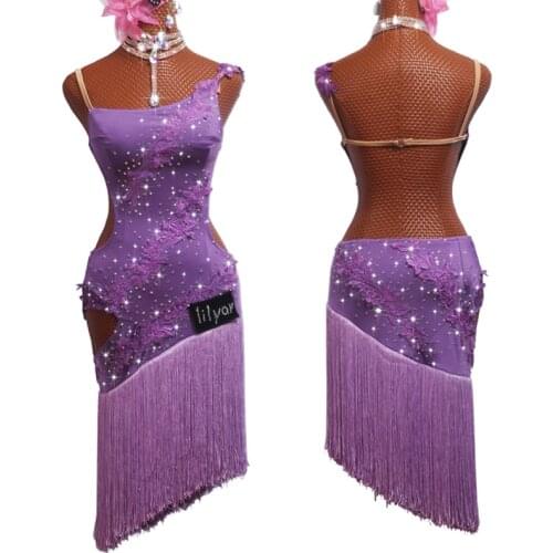 New Purple Latin Dress Competition Dance Costumes Embroidery Charleston Clothing Female Custom Purple Fringed Dance Skirt BL2894