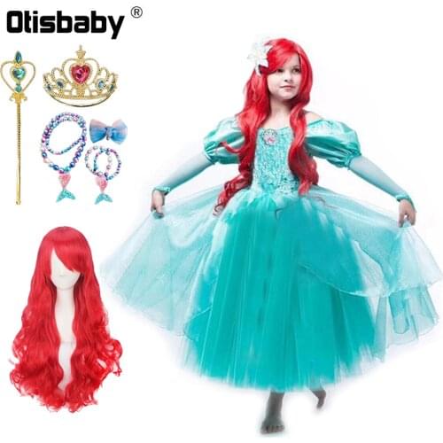 New Year Little Mermaid Costume Halloween Child Princess Ariel Dress Fluffy Girl Green Puff Sleeve Dress Birthday Gown Infant