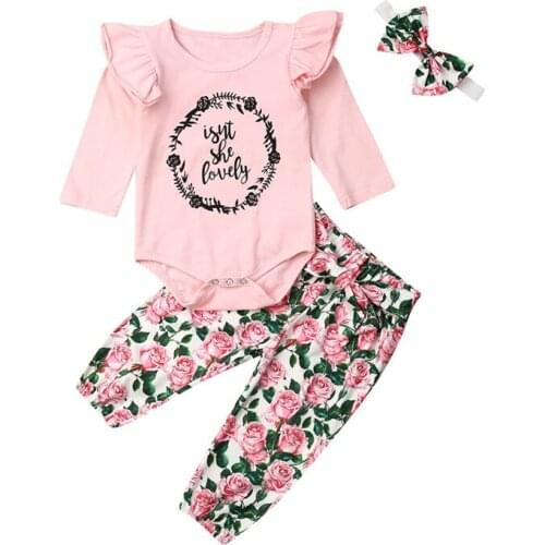 Newborn Baby Girls Clothes Floral print Bandage Pants bow Geometry Headband Ruffle long sleeve round neck Bodysuit 3pc Outfits