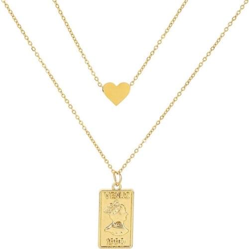Love Pendant Necklace Square Coin Double Layer Gold Clavicle Chain Jewelry