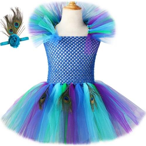 Girls Peacock Tutu Dress with Collar Feathers Headband Peacock Princess Fancy Dress Kids Halloween Carnival Party Purim Costume