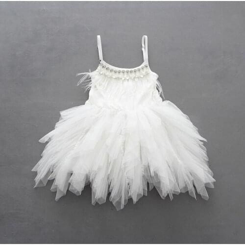 Retail Kids Flower Dresses for Wedding Girls Princess Dress Handmade Feather Pearl Bling Bling Irregular Tulle Children Frocks