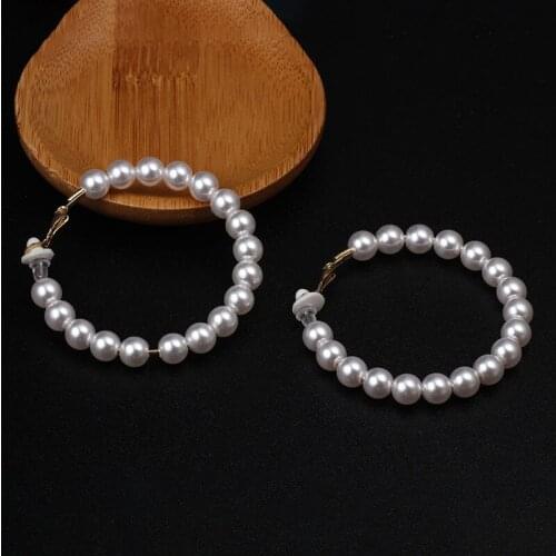 Pearl Hoop Clip On Earrings For Women Large Non Pierced Fake Dangle Earrings With Pearls Wedding Bridal For Women Girls Jewelry