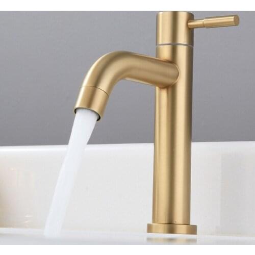 1PC SUS304 Brushed Gold Stainless Steel Bathroom Faucet Solid Brass Bathroom Basin Faucet Cold Water Mixer Single Sink Tap New