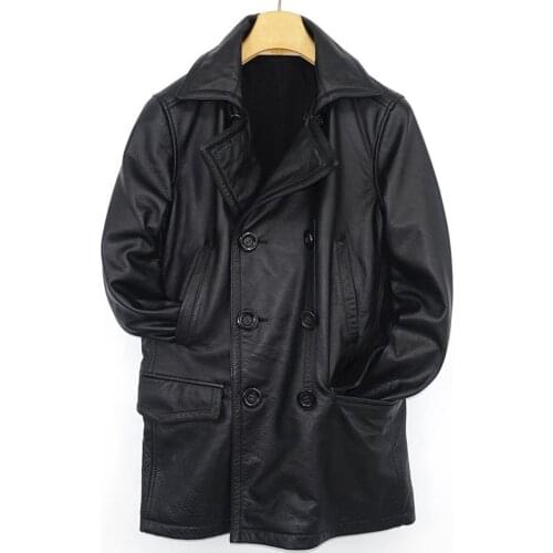 US Style Vintage Mens Windbreaker Cowhide Leather Jacket Long Coat For Man Winter Genuine Leather Naval Officers Trench Coats