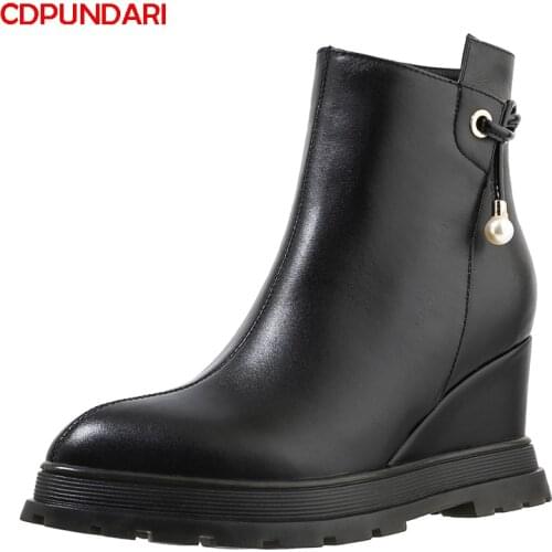 Black Genuine Leather Wedges Ankle Boots For Women Winter High Heels Platform Boots Shoes Bottes Plateforme Femme Botines Mujer