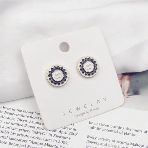 Female Retro Round Stud Earrings Vintage Gold Color Wedding Jewelry Contracted White Drops of oil Stone Earrings For Women