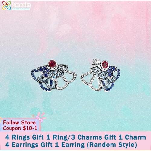 Smuxin 925 Sterling Silver Stud Earring China Blue&Pink Fan Statement Stud Earrings Cubic Zirconia Stud Earrings Women Earrings