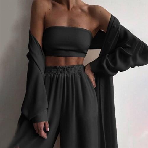 Women Loungewear 3 Pieces Set Elegant Solid Lady Homewear Strapless Bralette Tops Long Coat+wide Leg Pants Ovesize Causal Sexy
