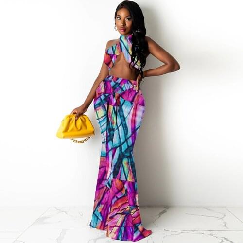 Leopard Criss-cross Halter Two Piece Set Women Off Shoulder Backless Crop Top+tied Front Mermaid Maxi Skirt Party Club Outfits