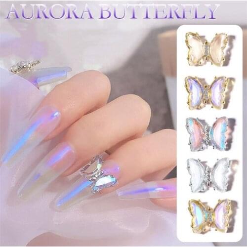 5PCS 3D Butterfly Nail Charm Ice Transparent Aurora Nail Decoration Fashion Crystal DIY Jewelry Manicure Design Accessories