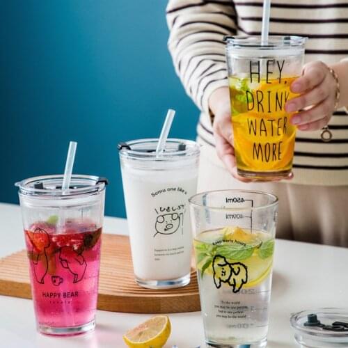 500ml Graduated Pipette Cup Cute Cartoon Print Glass with Lid and Straw Heat Resistance, Safety and Environmental Protection