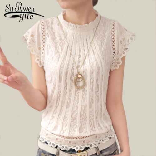 Short Sleeve Stand Collar Women Tops Ladies White Lace Blouse Elegant Patchwork Crochet Women Shirt Plus Size Blusas Mujer 01C