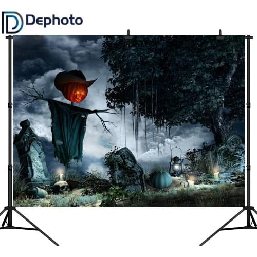 Dephoto Seamless Vinyl Halloween Background Horrible Scarecrow Candle Tombstone Photo Background Backgrounds for Photo Studio