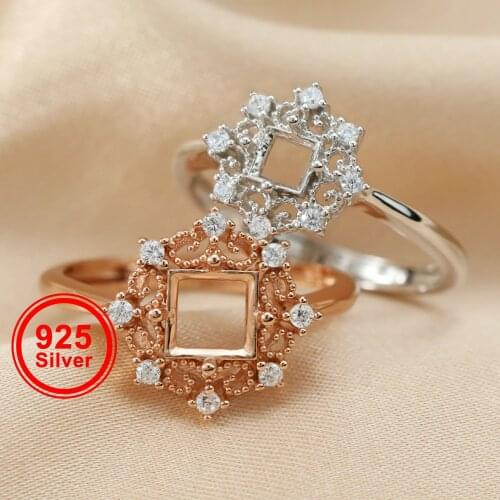 3-6mm square lace rose gold silver Gems CZ stone prong bezel solid 925 sterling silver adjustable ring settings 1294129