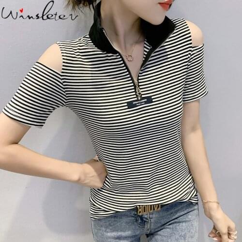 Summer Korean Style Cotton T-Shirt Fashion Sexy Stand Collar Zipper Striped Women Tops Short Sleeve All Match Tees 2021 T16608A