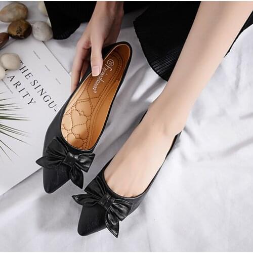 Butterfly Knot Fashion Flats Shoes Women Pointed Toe Soft Leather Slip On Loafers Women Plus Size 43 Ballet Flats