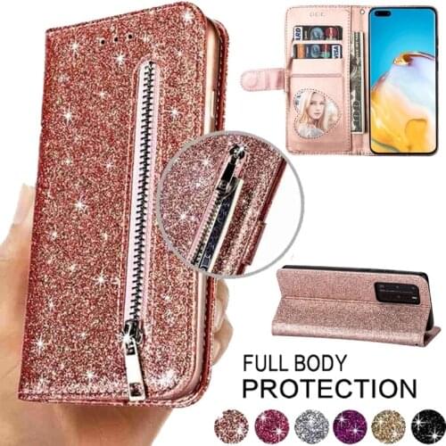 Fashion Glitter Zipper Bling Leather Wallet Card Case Cover For Huawei P40 P30 P20 Lite Pro Y6 Y7 P Smsrt 2019 Mate 20 10 Lite