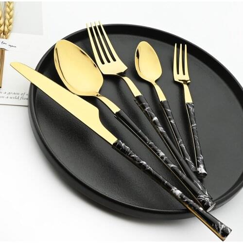 24/30Pcs Stainless Steel Dinnerware Sets Black Gold Mirror Wooden and Marble Texture Tableware Western Food Knife Fork Teaspoon
