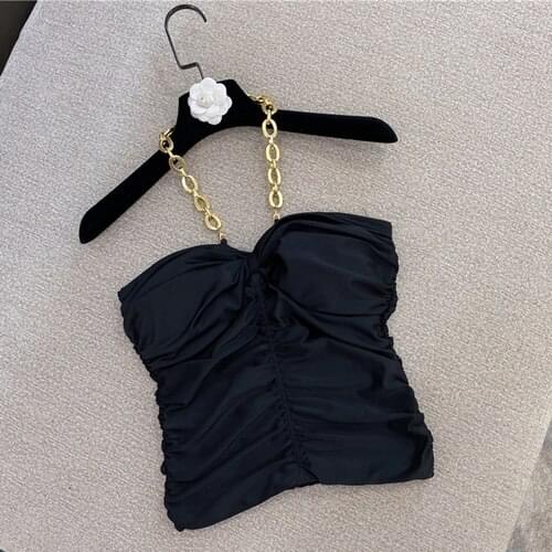 Necklace Chain Halter Tube Top Women New Sexy Camisole Tank Tops Inner Wear Outer Wear Pleated Slim-Fit Small Shirt Black