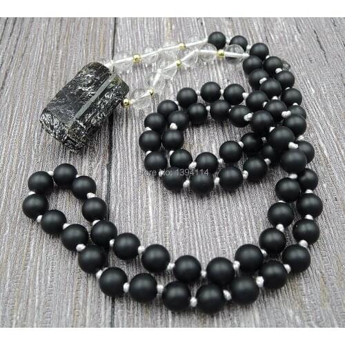 Natural Aphrizite Double Points Pendants & 8mm Frosted Black Agat e/Tiger Eye Round Beads Knot Handmade Necklaces