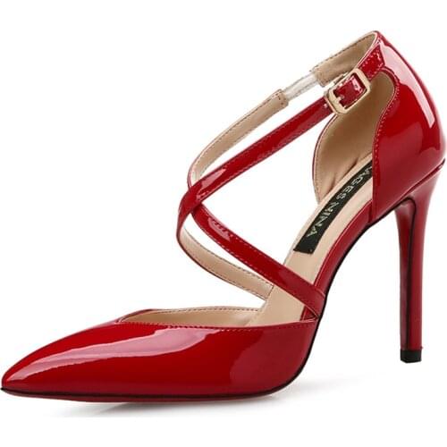 New High Heels Patent Leather Cross Straps Pointed Toe Stiletto Ladies Black White Red Wedding Banquet Pumps Women Shoes X0012