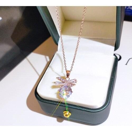 Unique design feeling inlaid with full diamond bow pendant personality exquisite light luxury necklace new ladies silver jewelry