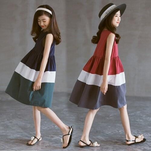 6 To 16 Years, 2021 New Kids Cotton Dress Girls Dress Summer Children Clothes Baby Toddler Sundress Three Colors Patchwork,#6185