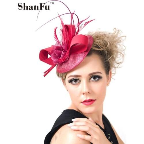 ShanFu Ladies Elegant Sinamay Fascinators with Feather Wedding Dress Fascinator Hats Red Hair Accessories for Tea Party SFC12370