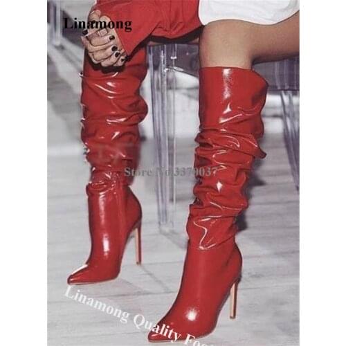 Linamong Patent Leather Pointed Toe Stiletto Heel Knee High Boots Red Black Pleated Long High Heel Boots Club Dress Shoes