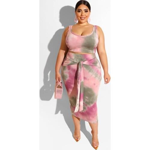 Skirt and Top Set Women Plus Size 4xl XXXXL 5XL 3XL 2 Piece Set Komplety Damskie Summer 2021 Tie Dye Top and Skirt Pink Outfits