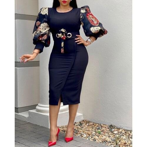 European Style Summer Women Vintage Lantern Sleeve Print Bodycon Dress Fashion Sexy Sashes Slim Office Lady Dress Vestidos