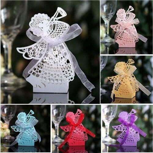 10Pcs Angel Girl Hollowed Carriage Shaped Gift Packaging Box Chocolate Candy Boxes With Ribbon Baby Shower Wedding Party Decor