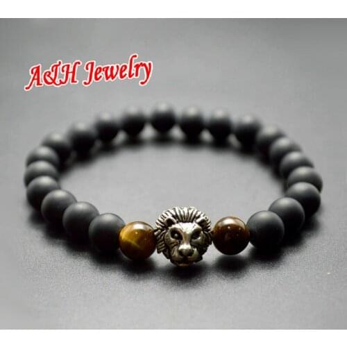 10pcs New Fashion Women Jewelry Ancient Silver Lion Charms 8mm Black Matte Surface Round Beads Bracelet