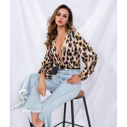 2021 Leopard Deep V Neck Bodysuit Women Sexy Long Sleeve Bodycon Jumpsuit Soft Elastic Casual Party Winter Bodysuits Body Tops