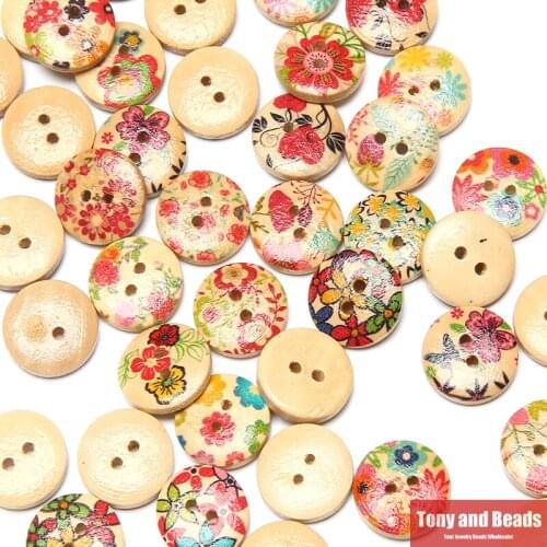 45Pcs=1Lot !) Mixed Flower 2 Hole Fashion Sew-on Wooden Buttons 15MM For Jewelry Making DIY