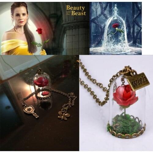 Freeshipping 10pcs DIY Glass Globe Pendants PRETTY Beauty and the Beast Enchanted Rose Petal Mirror Necklace (finished necklace)