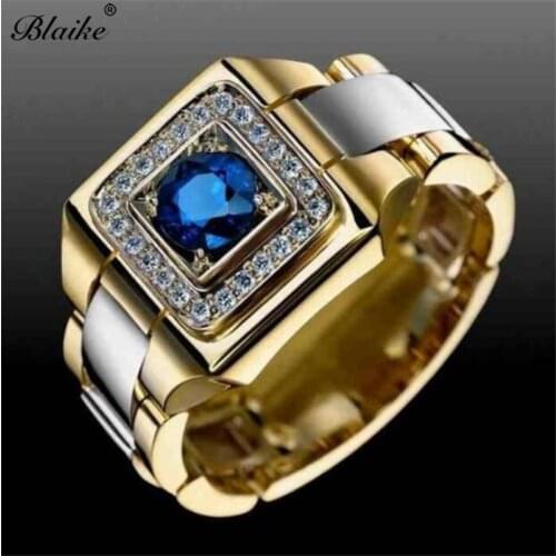 Blaike Exquisite Gold Filled Two Tone Rings For Women Men Fashion Inlay Blue Zircon Ring Wedding Party Jewelry Anniversary Gifts