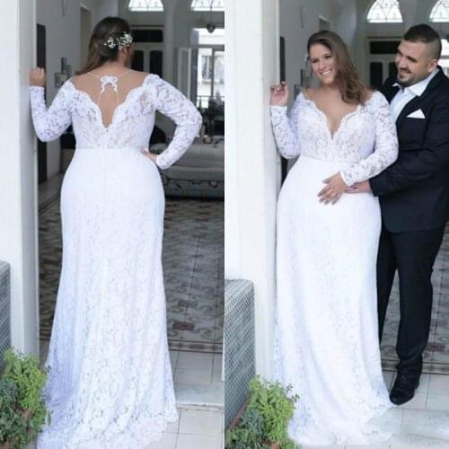 Cheap Plus Size Wedding Dresses Deep V Neck Sheath Vintage Long Sleeves Wedding Dresses Bridal Gowns Sweep Train Spring Summer W